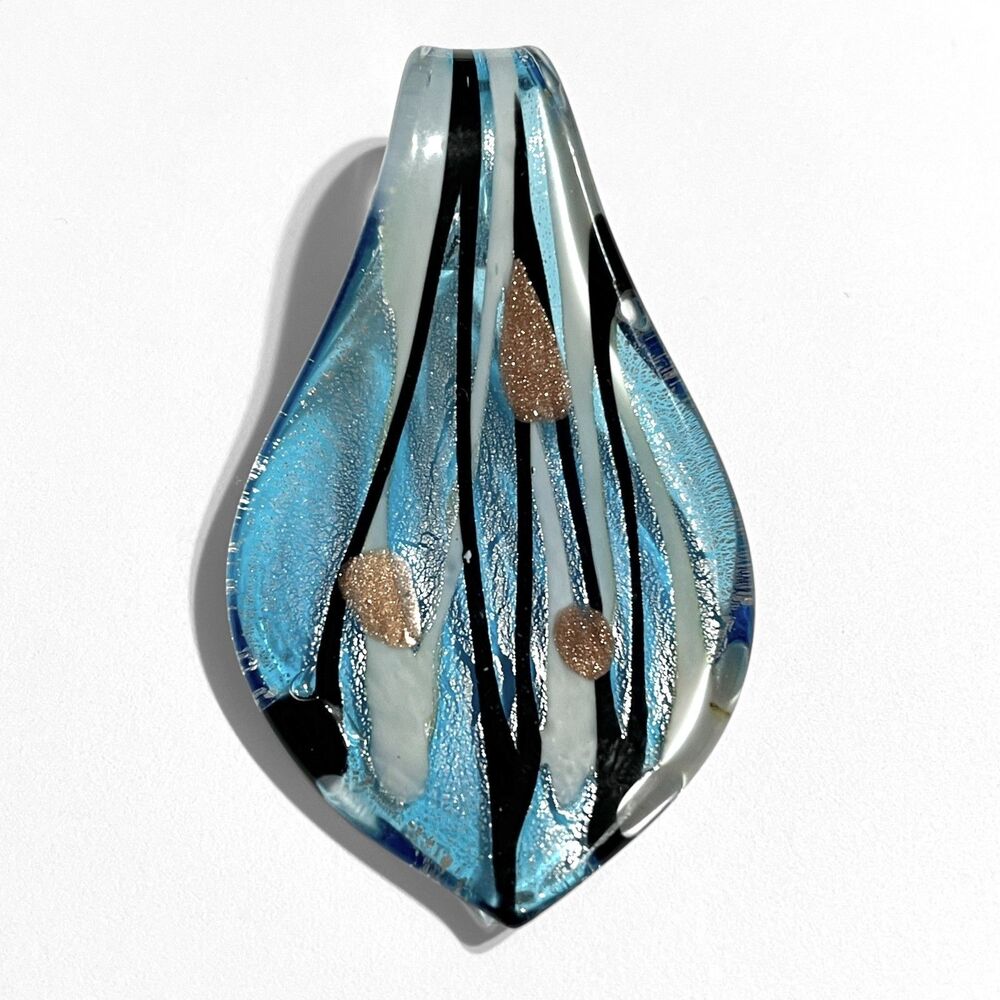 Handmade Lampwork Art Glass Pendant Leaf Shape Dichroic Foil Venetian Style 2.5"